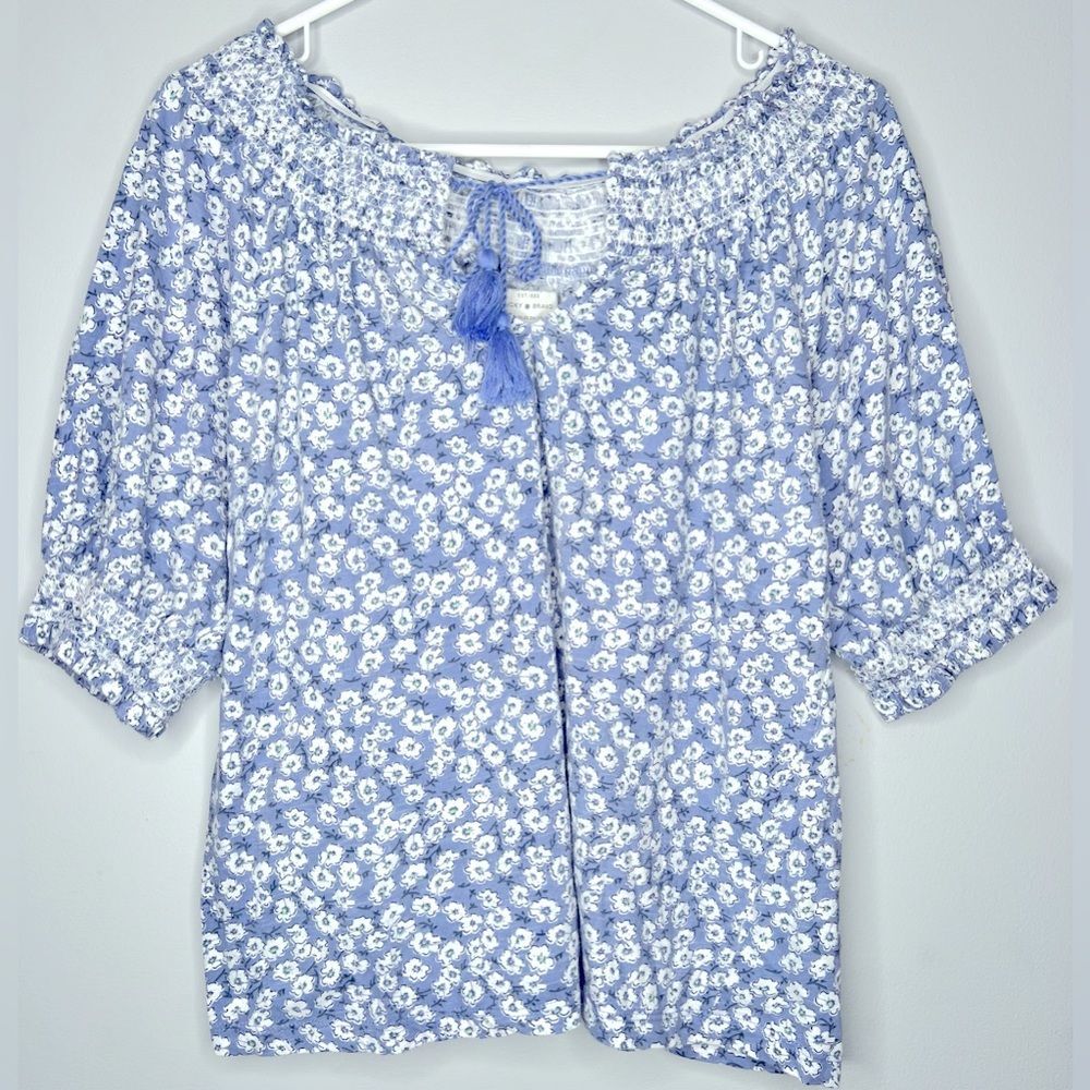 Lucky Brand Blue Floral Print Tie Front Cuffed Sleeved Blouse Top Size Small